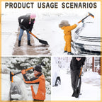 Snow brush and shovel set: vehicle and walkway snow-clearing examples.