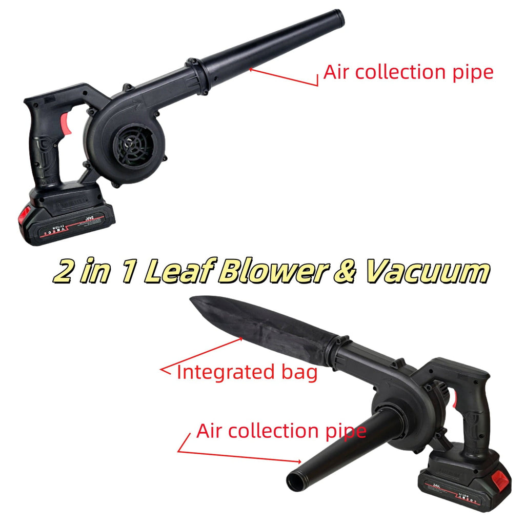 Cordless leaf blower vacuum: blower and bagged vacuum configurations.