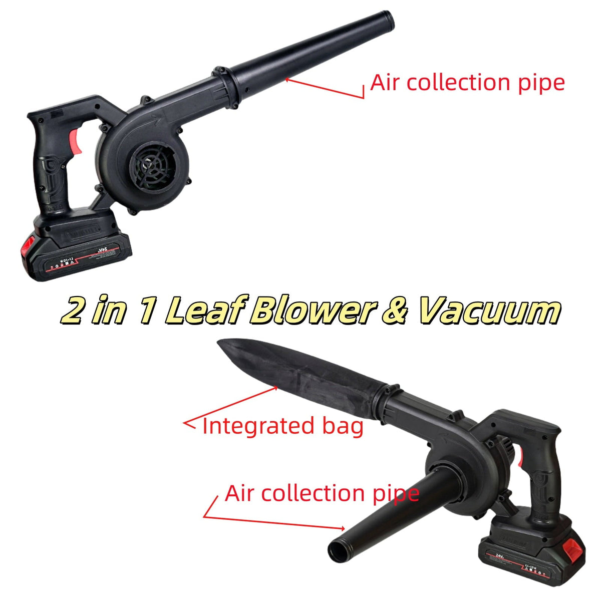 Cordless leaf blower vacuum: blower and bagged vacuum configurations.