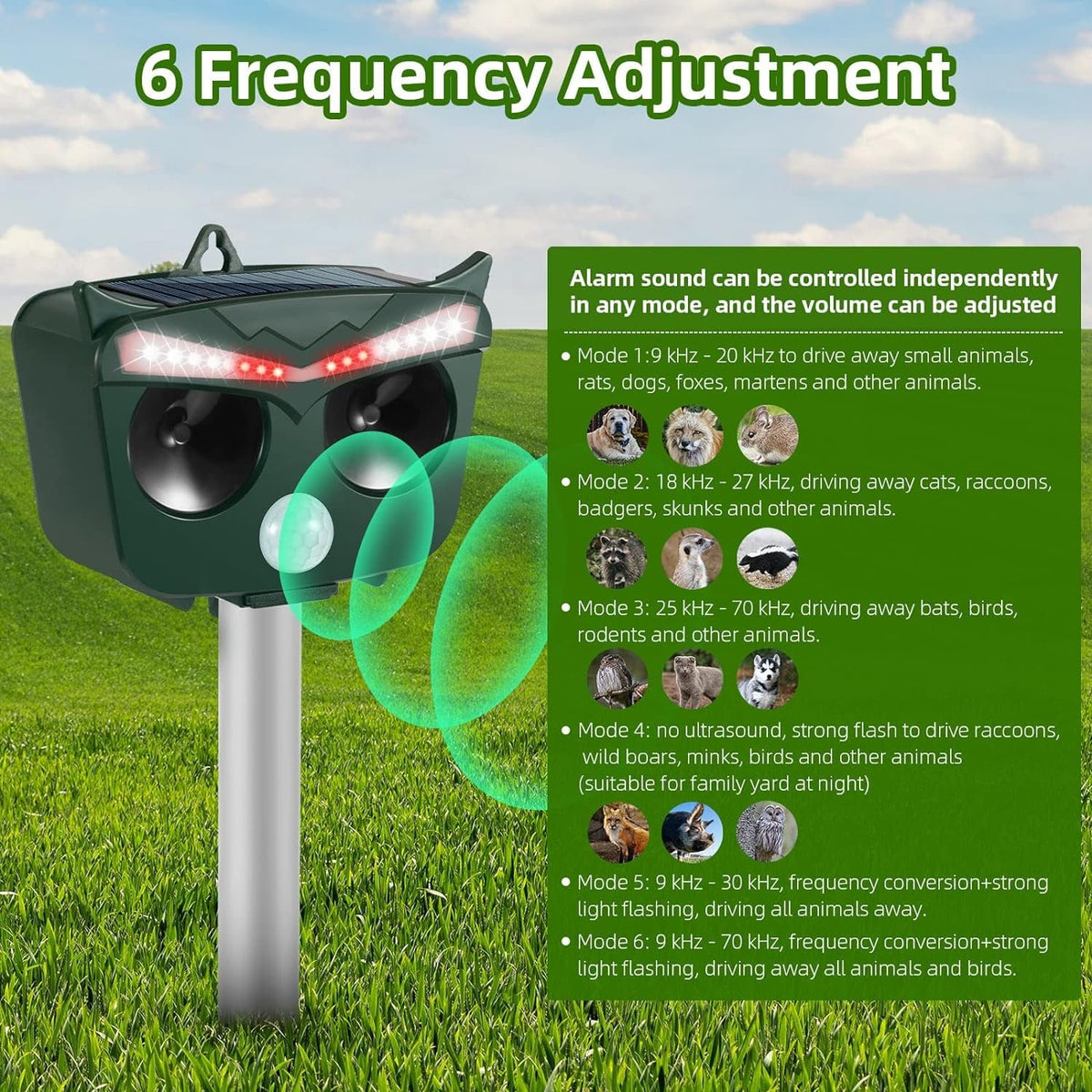 Jinyi solar animal repeller: six frequency settings.