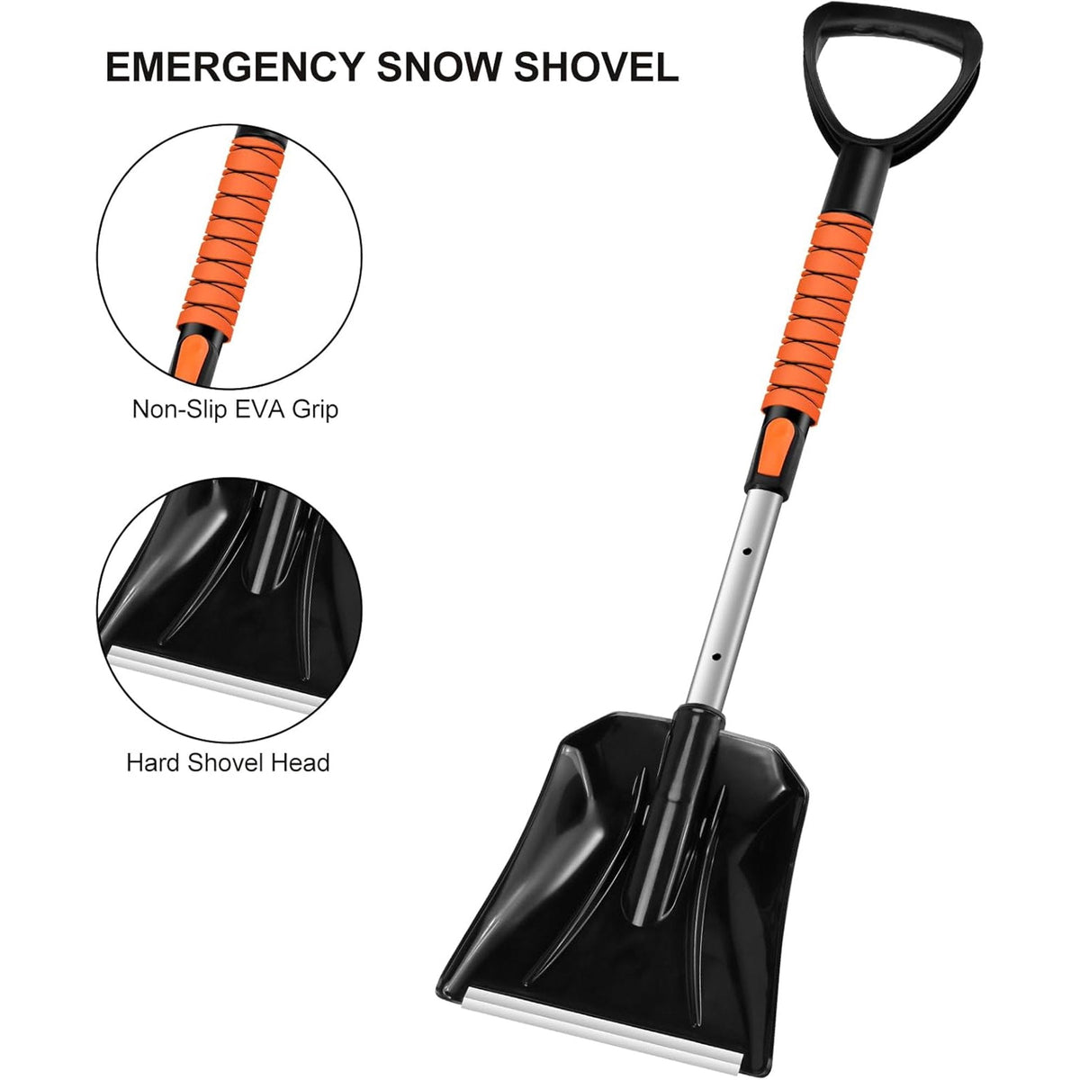 Snow brush and shovel set: snow shovel grip and blade details.