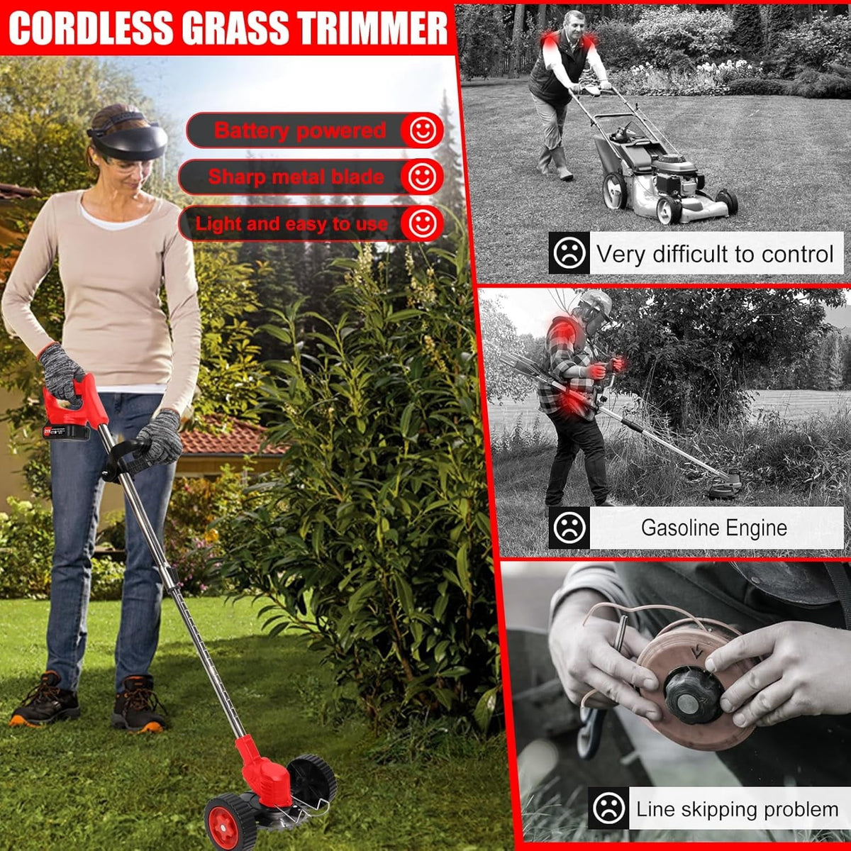 Cordless lawn trimmer with wheels: operator and gas-tool comparison artwork.