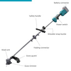 Brushless cordless string trimmer kit: labeled trimmer handle shaft and guard.