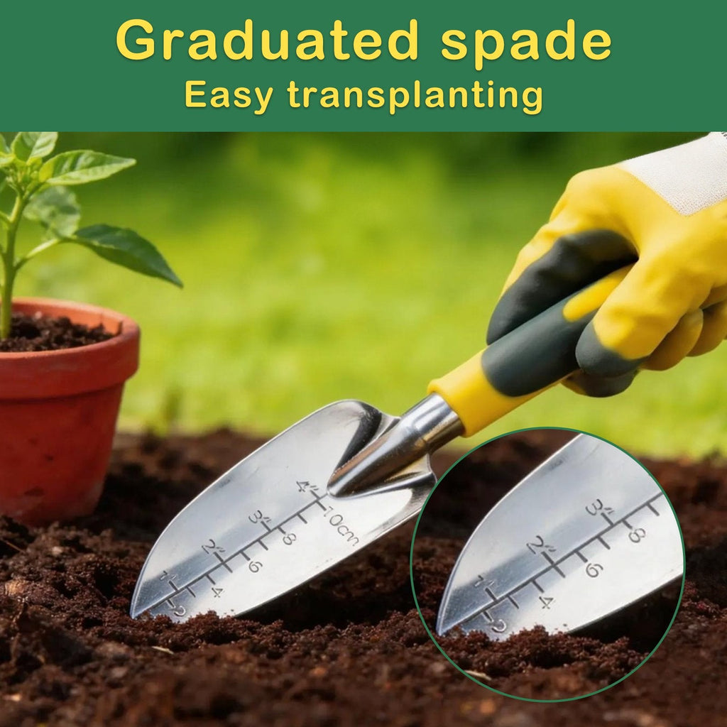 Garden tool set with bag: marked transplanter used in soil.