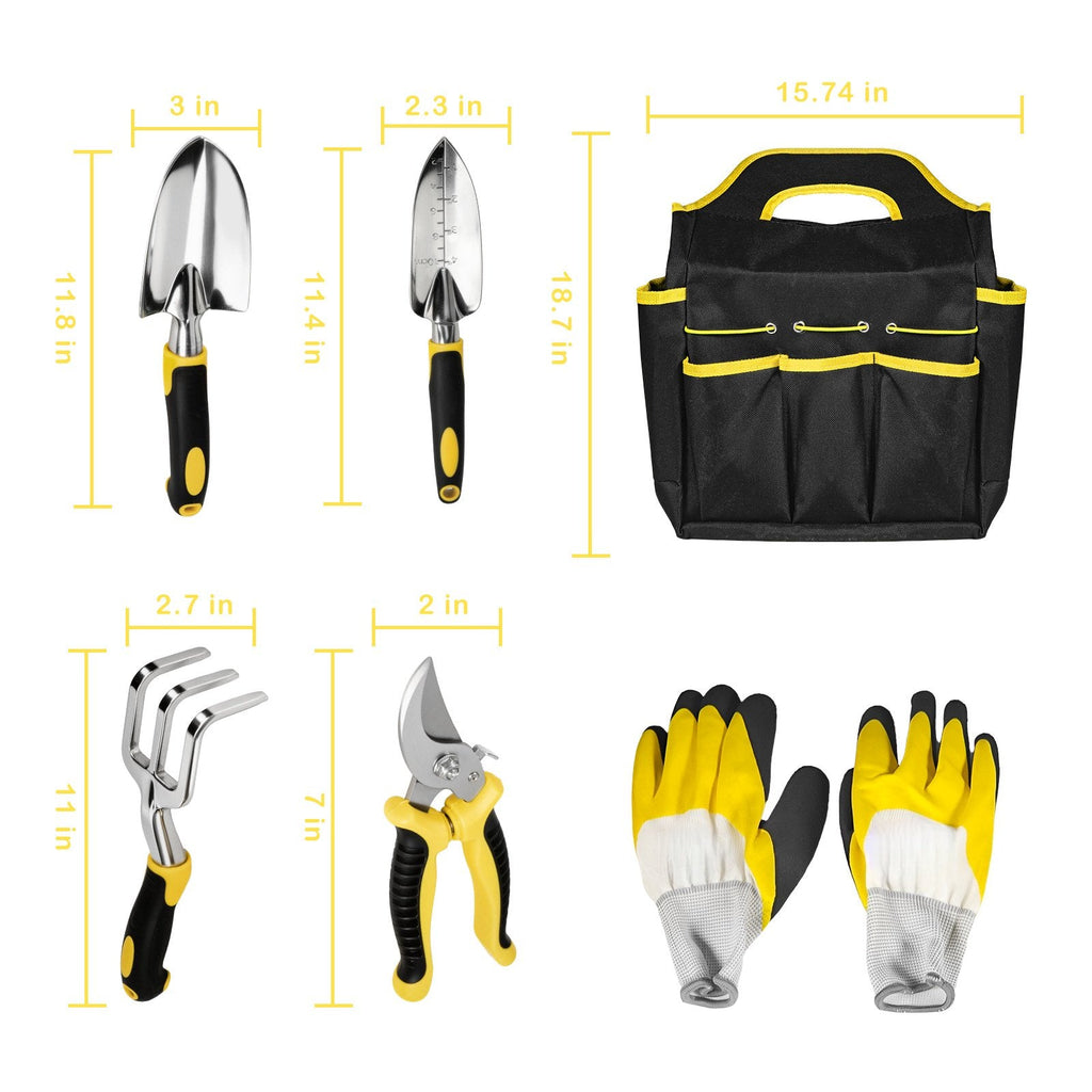 Garden tool set with bag: tool and tote dimensions.