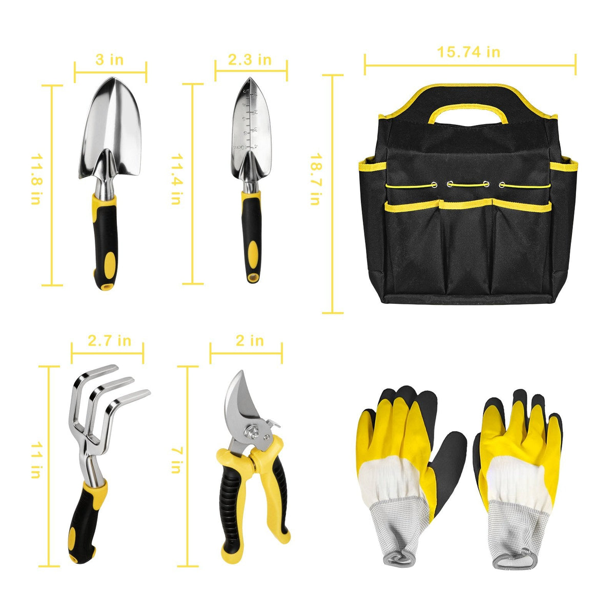 Garden tool set with bag: tool and tote dimensions.