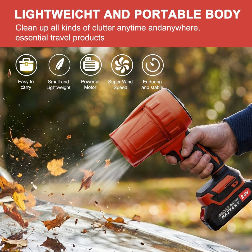 Red cordless leaf blower: blower used on outdoor debris.