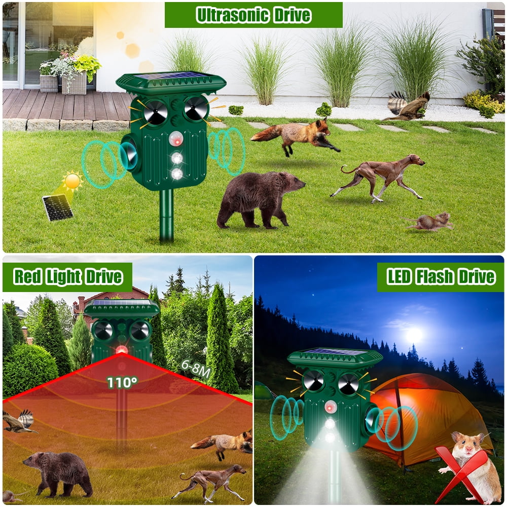 Multi direction solar animal repeller: ultrasonic LED and vibration functions.