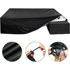 Patio furniture cover set: cover fabric drawstring and buckle details.