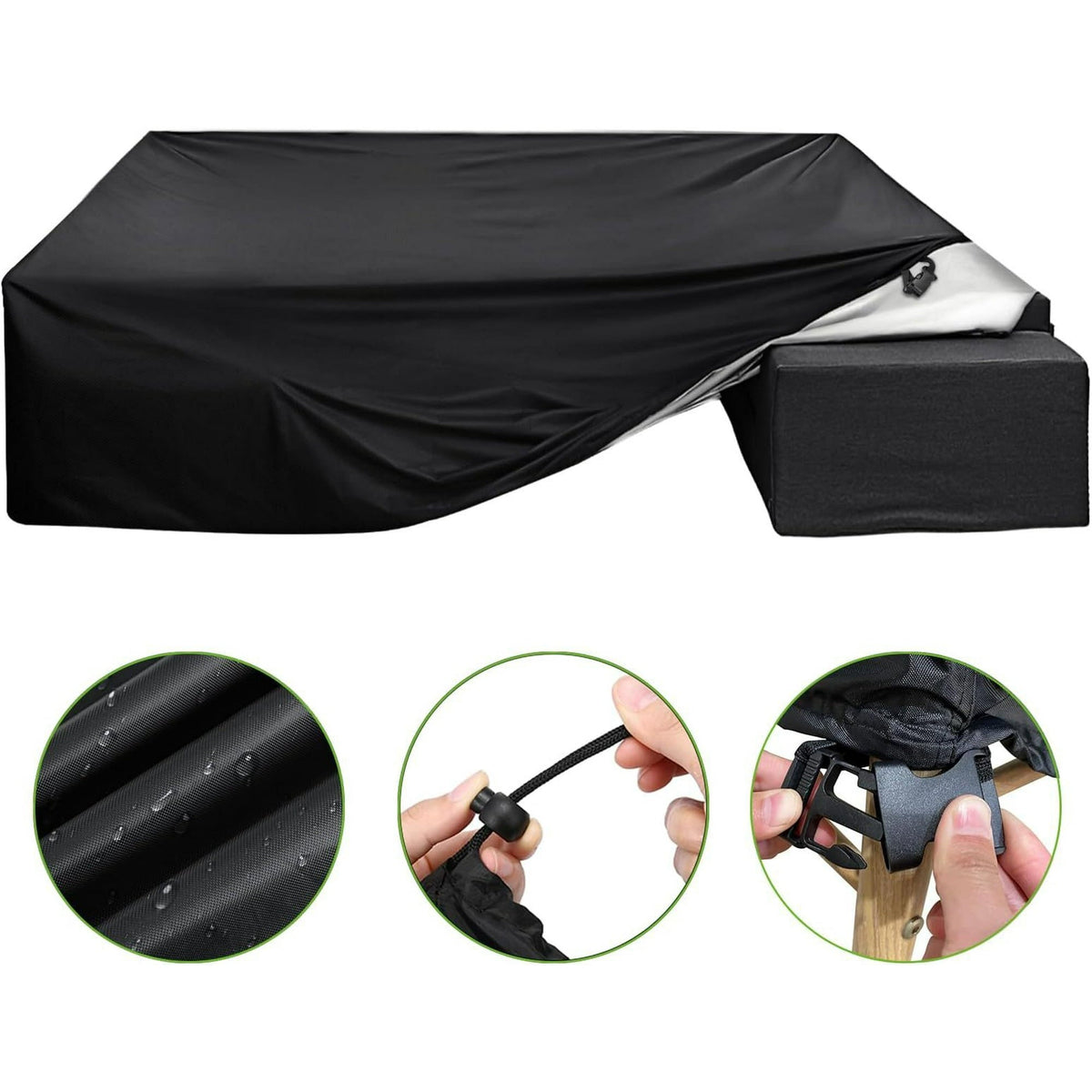 Patio furniture cover set: cover fabric drawstring and buckle details.