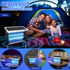 Solar bug zapper with stand: tent and outdoor placement examples.