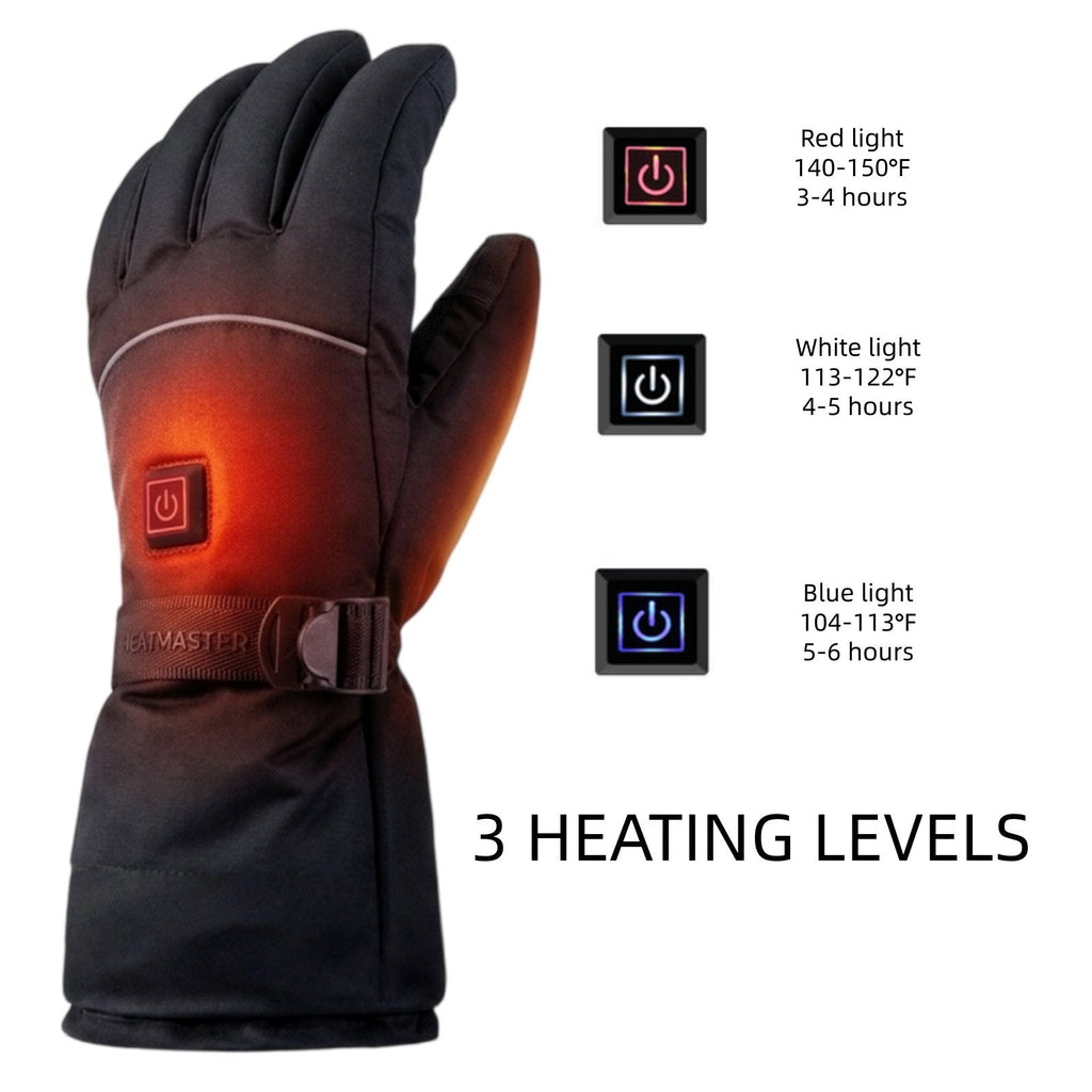 Rechargeable heated gloves: three heat-setting control illustration.