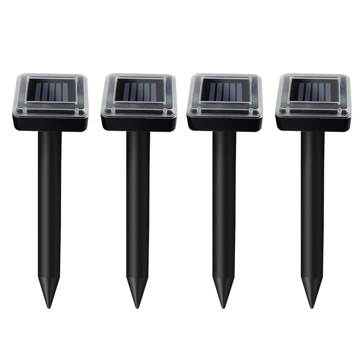 Solar gopher repellent stakes: four stakes viewed from front.