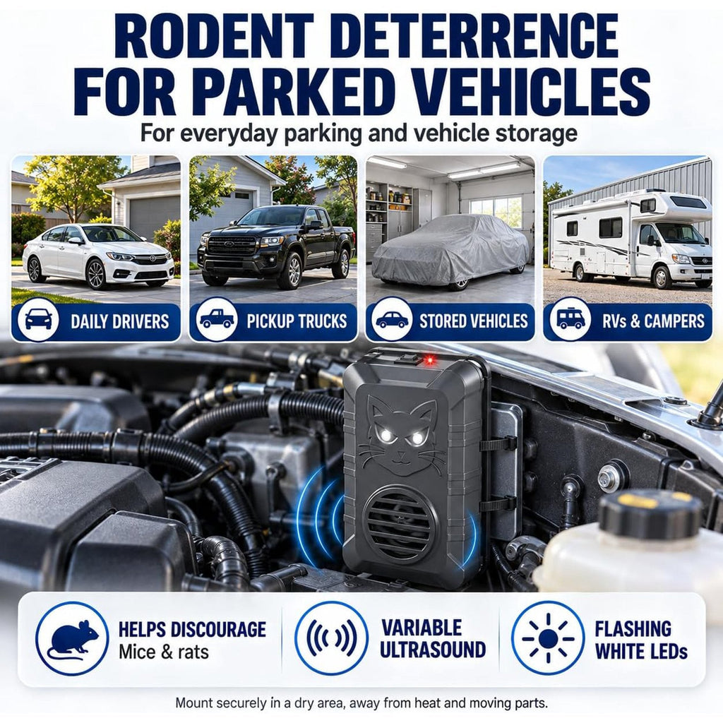 Under hood rodent repeller: repeller placement in parked vehicles.
