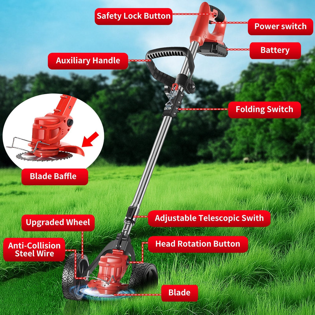 Foldable cordless brush cutter: labeled handle shaft and guard.