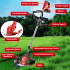 Cordless brush cutter with wheels: labeled trimmer controls and shaft.