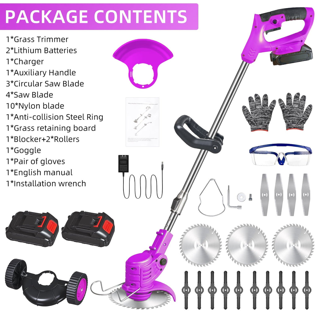 Purple cordless grass trimmer: trimmer package contents.