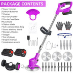 Purple cordless grass trimmer: trimmer package contents.