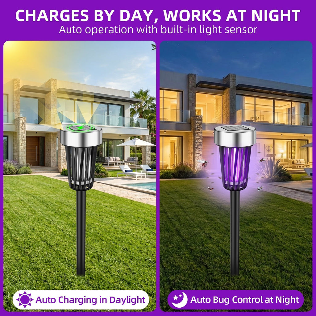 Solar bug zapper outdoor: day charging and night lighting illustration.