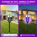 Solar bug zapper outdoor: day charging and night lighting illustration.