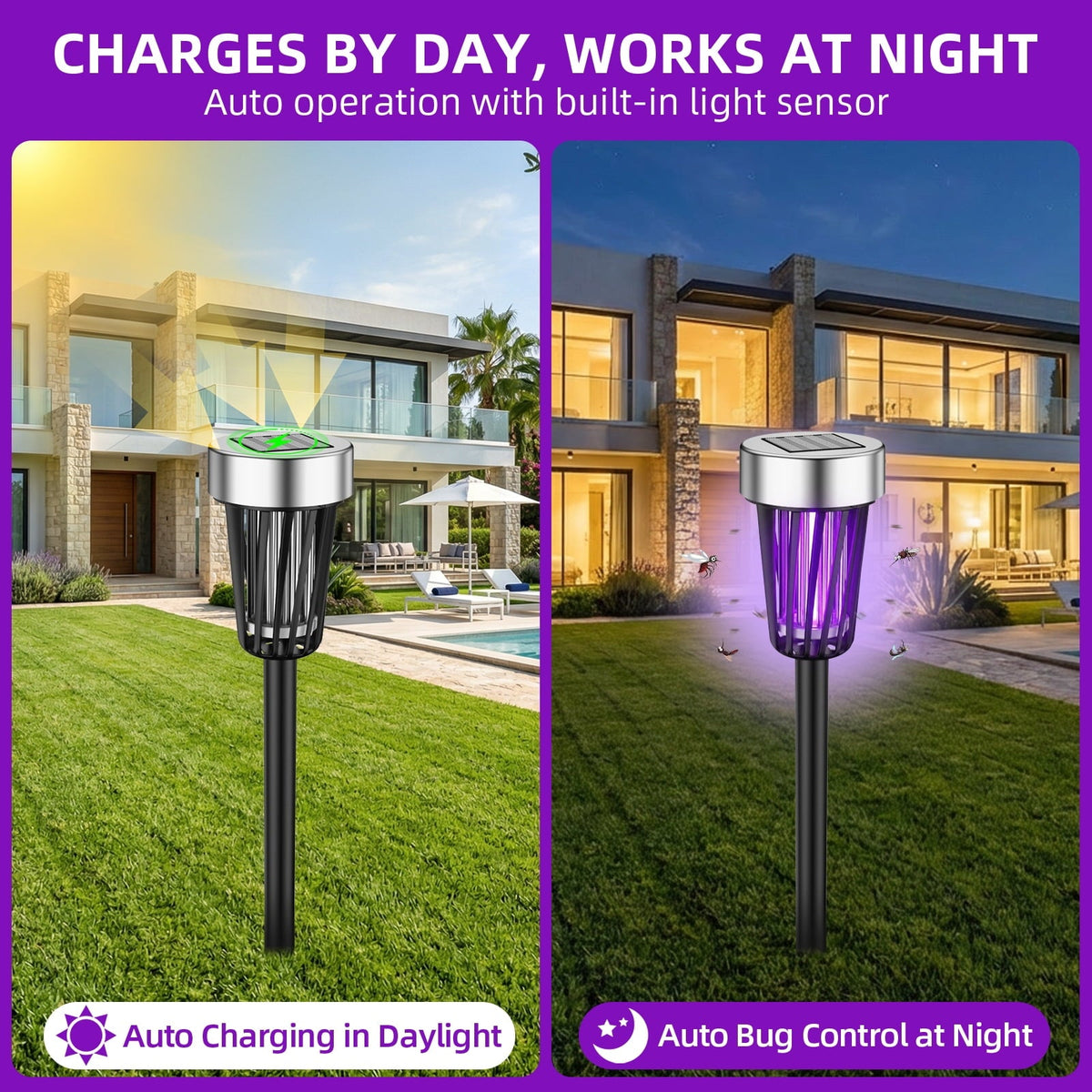 Solar bug zapper outdoor: day charging and night lighting illustration.