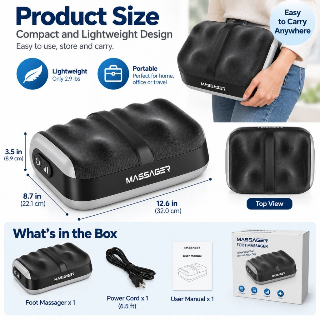 Shiatsu foot massager with heat: dimensions handle and package contents.
