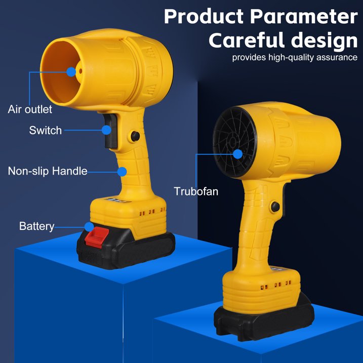 Yellow cordless leaf blower: labeled blower outlet grip and switch.