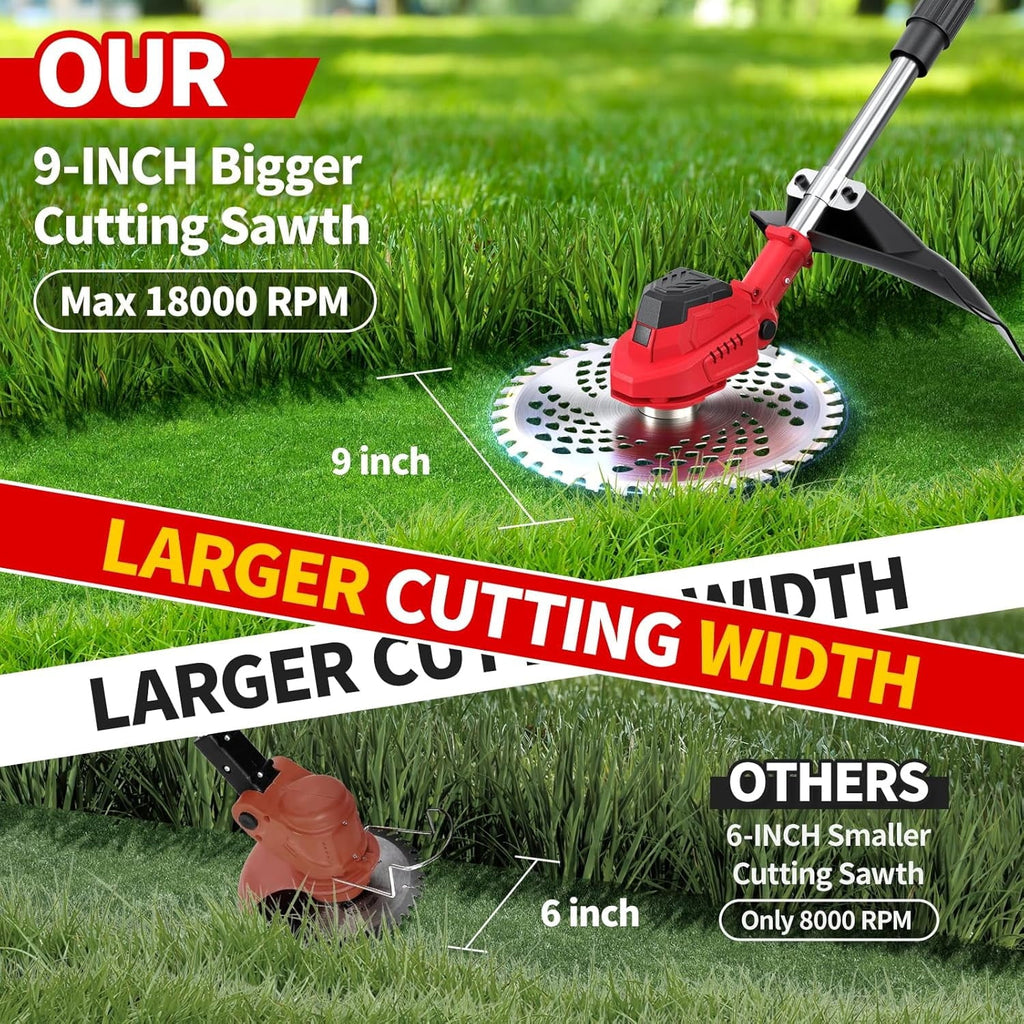 9 inch cordless string trimmer: cutting-width comparison artwork.