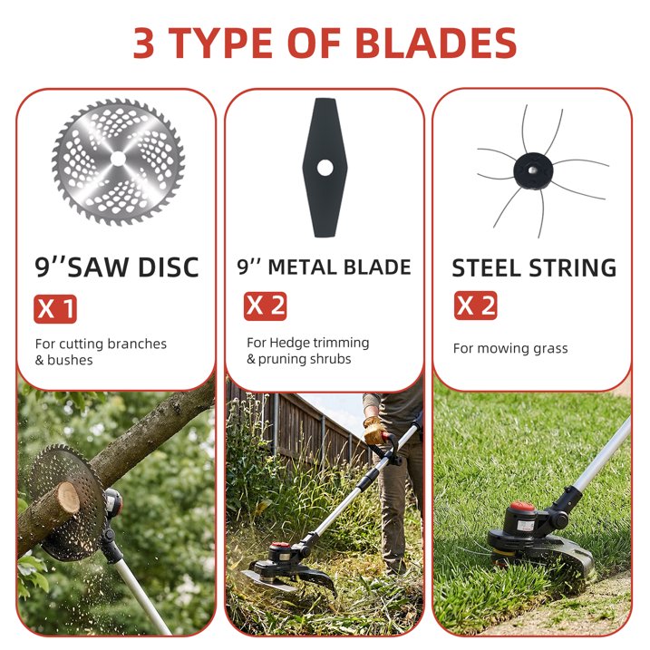 Brushless cordless string trimmer: three cutting attachment types.