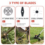 Brushless cordless string trimmer: three cutting attachment types.