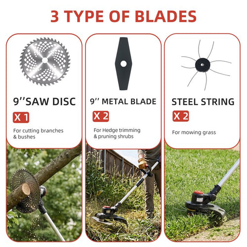 Brushless cordless string trimmer: three cutting attachment types.