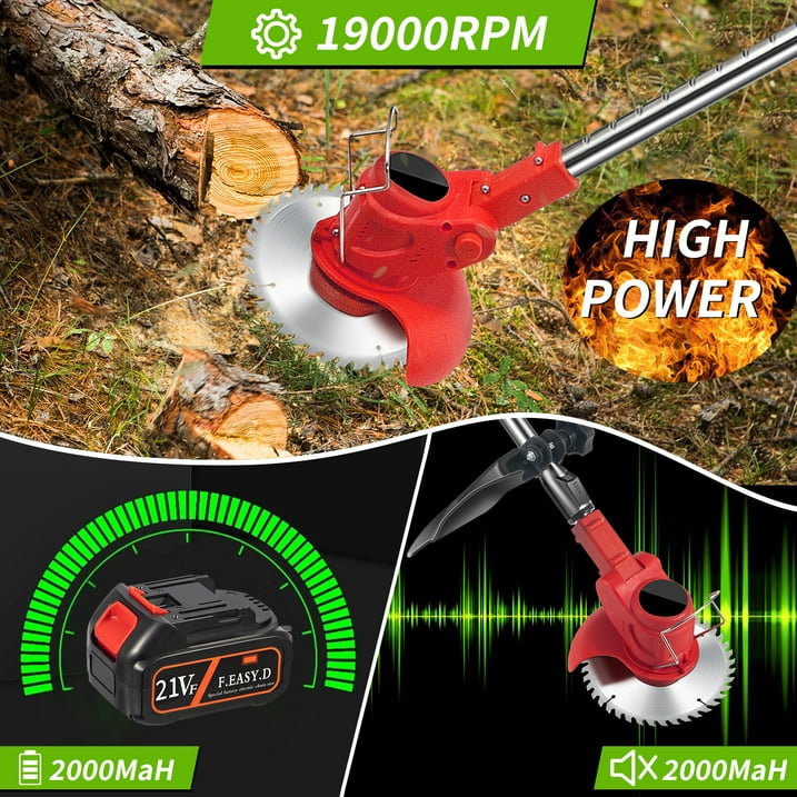 Cordless grass trimmer blade kit: motor and battery artwork.