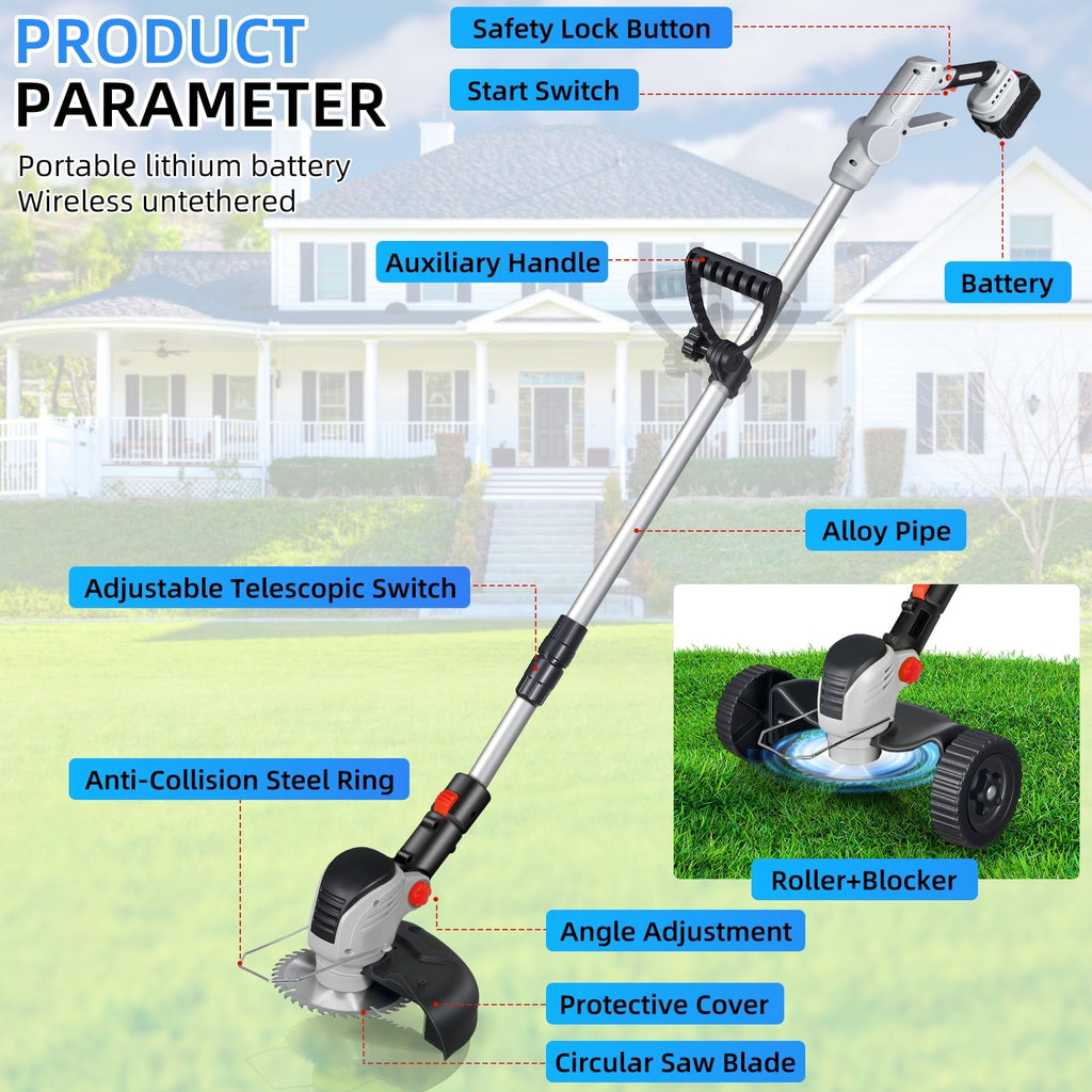 Cordless trimmer with wheels: trimmer shaft handle guard and wheel diagram.
