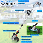 Cordless trimmer with wheels: trimmer shaft handle guard and wheel diagram.
