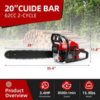 62cc gas chainsaw: guide bar and overall dimensions.