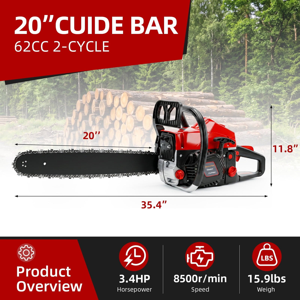 62cc gas chainsaw: guide bar and overall dimensions.