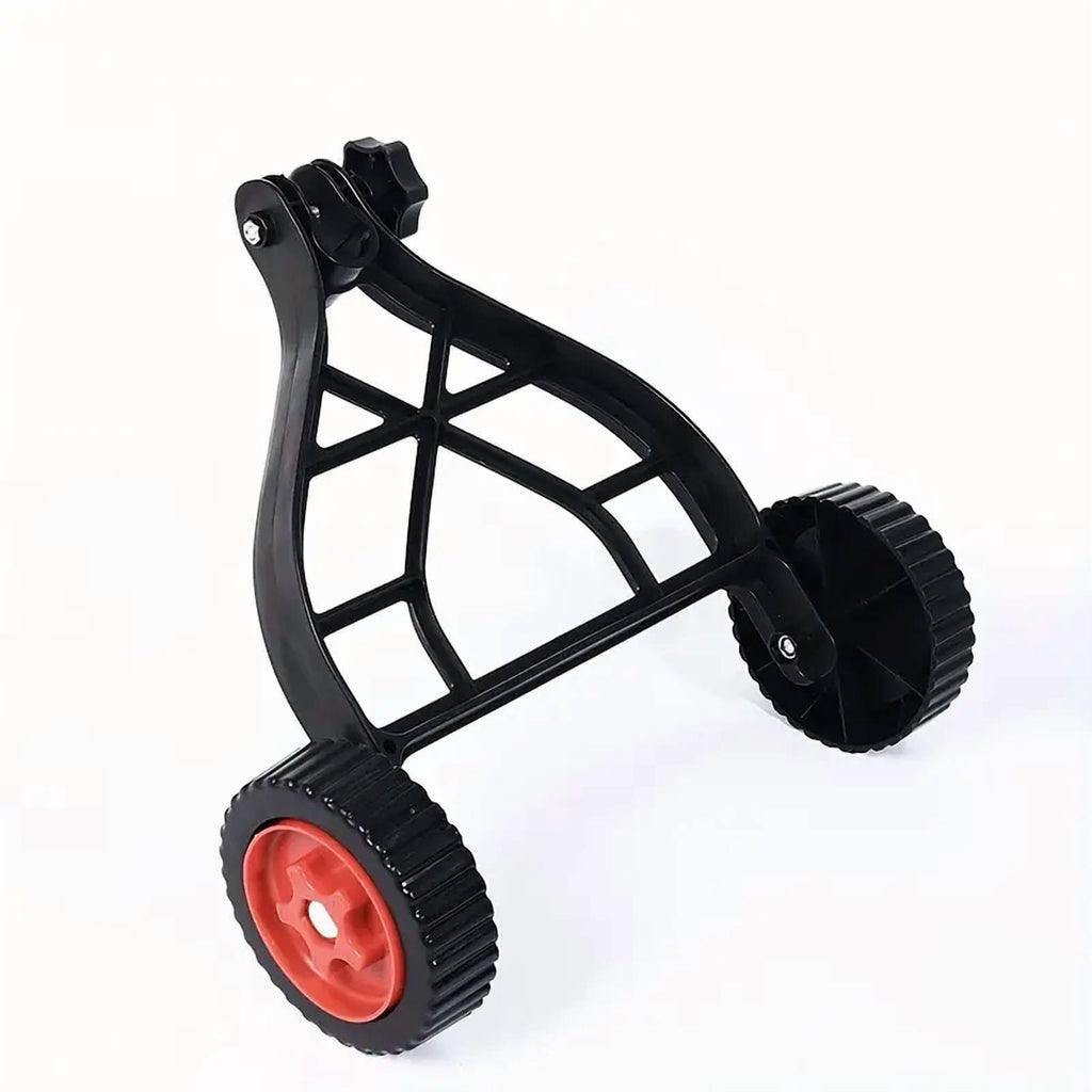 String trimmer support wheels: angled view of support wheel frame.