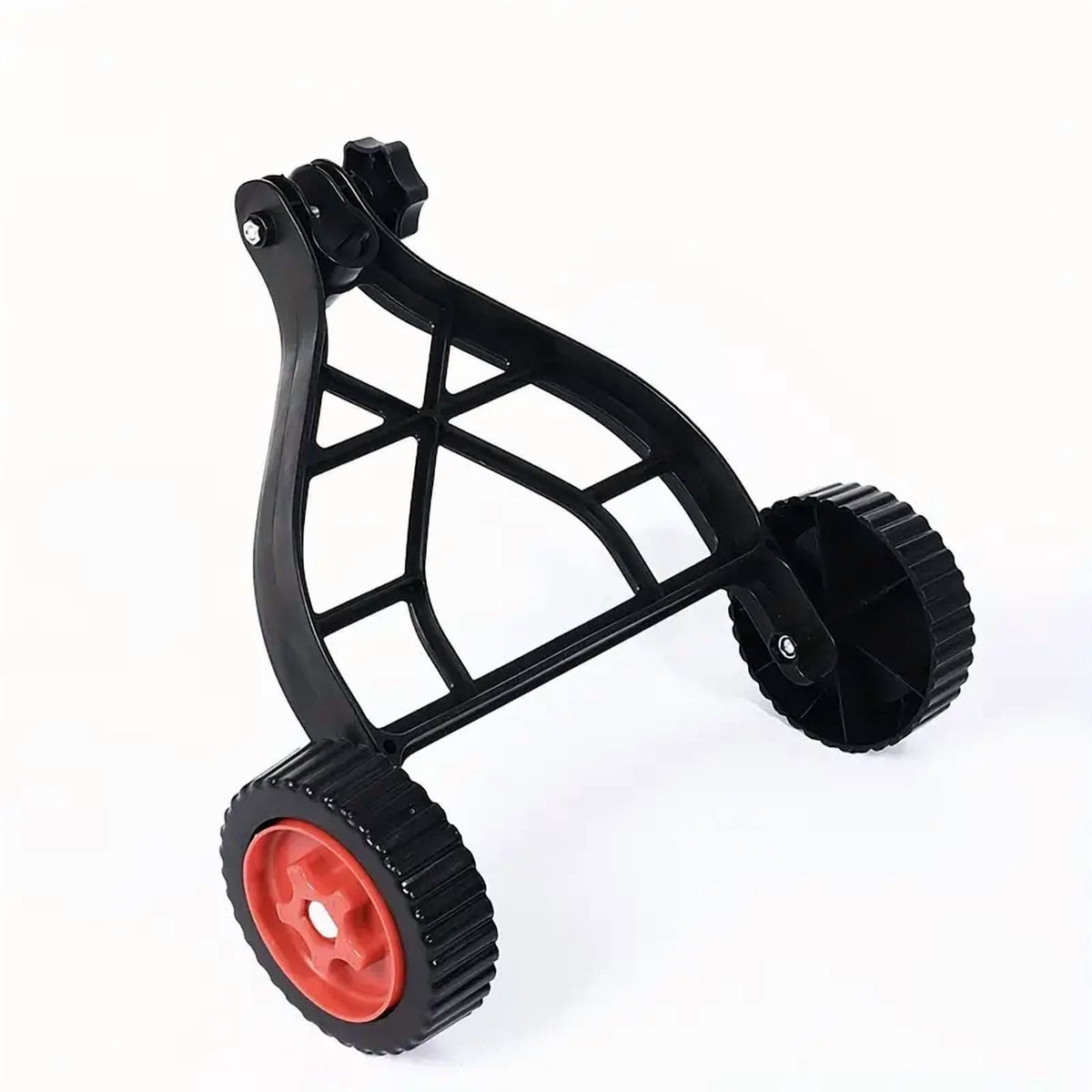 String trimmer support wheels: angled view of support wheel frame.