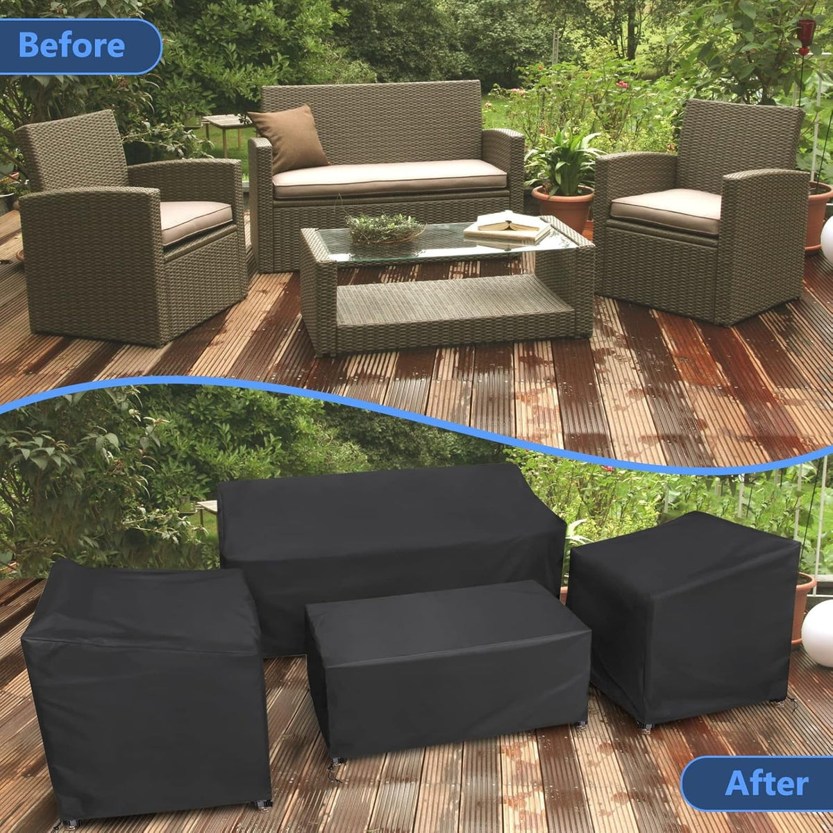 Patio furniture cover set: patio furniture before and after covering.