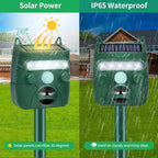 Motion activated solar animal repeller: solar charging and rain illustration.