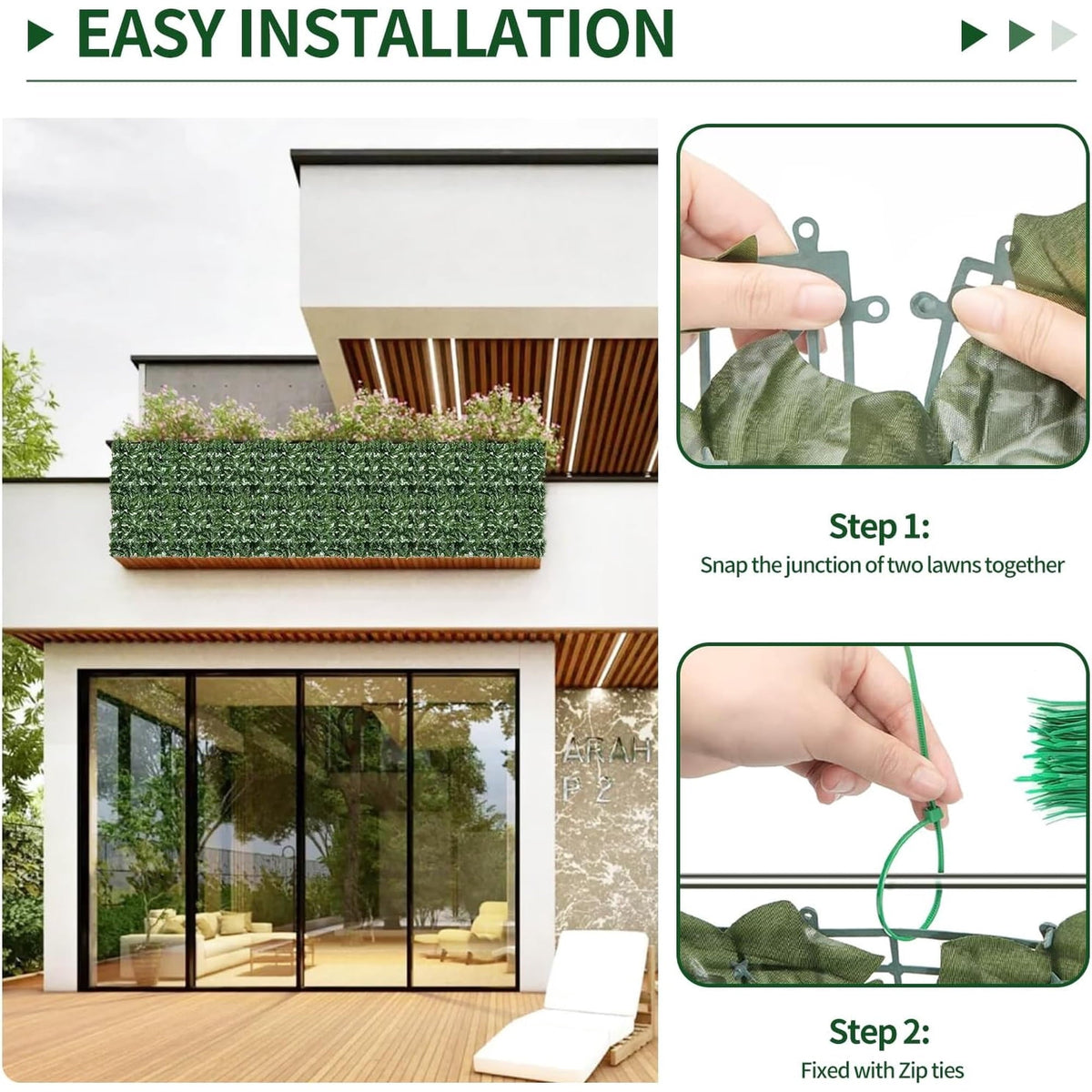 Artificial ivy privacy screen: panel connection and tie installation.