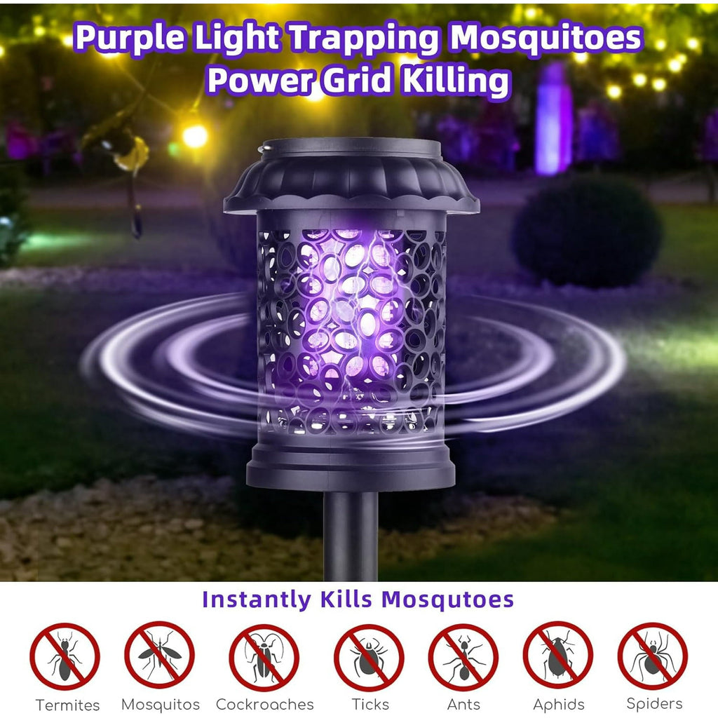 Solar bug zapper lantern: purple light and electric-grid illustration.