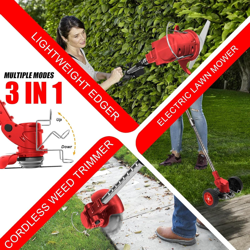 Cordless lawn trimmer with wheels: trimming and edging examples.