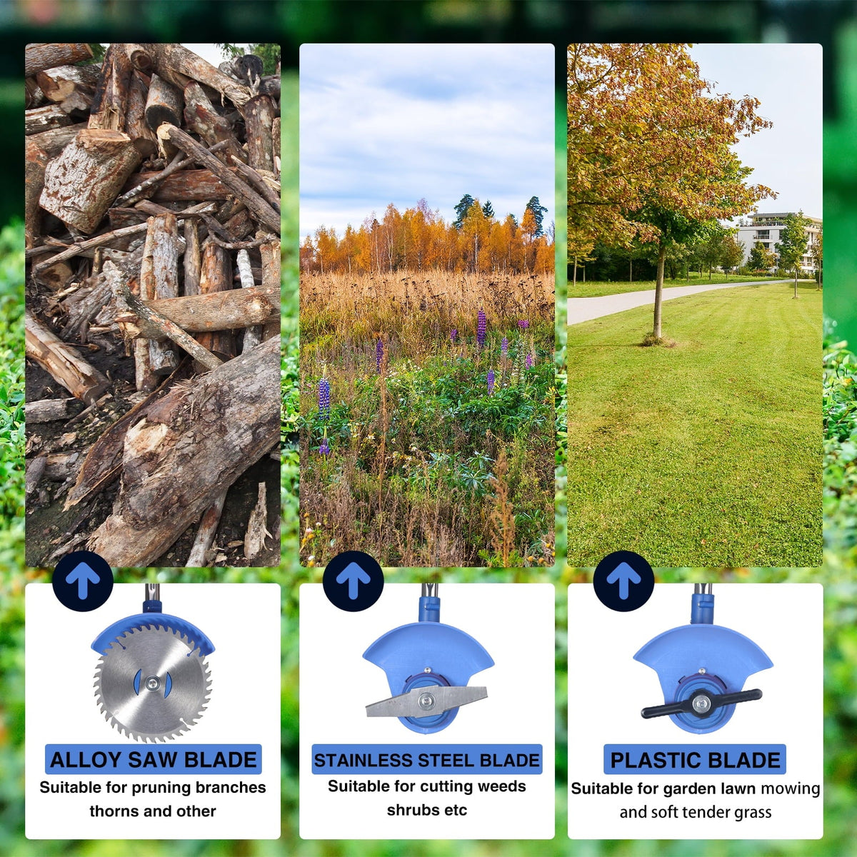 Blue cordless grass trimmer: three cutting attachment examples.