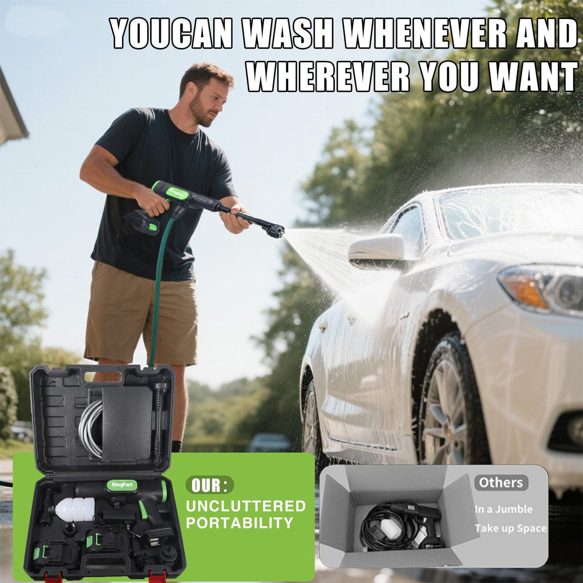 Portable cordless pressure washer: washer drawing water from portable container.