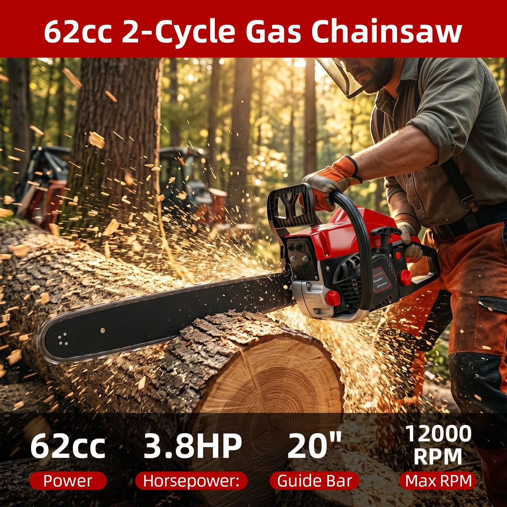 62cc gas chainsaw: chainsaw used on outdoor logs.