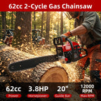 62cc gas chainsaw: chainsaw used on outdoor logs.