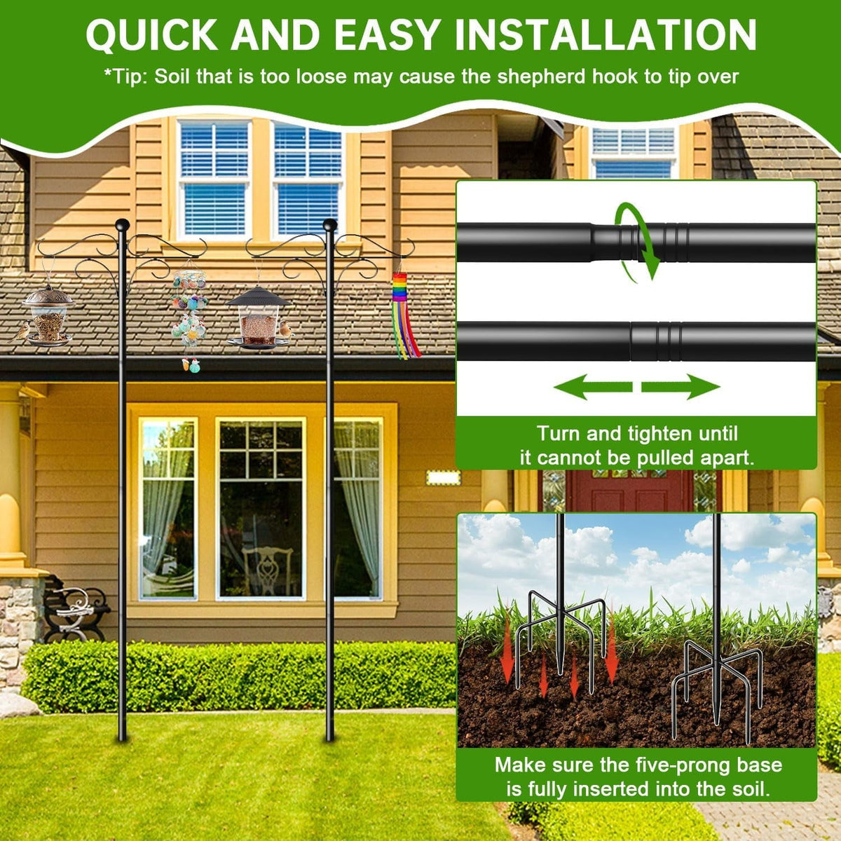 108 inch shepherds hook: pole assembly and ground installation.