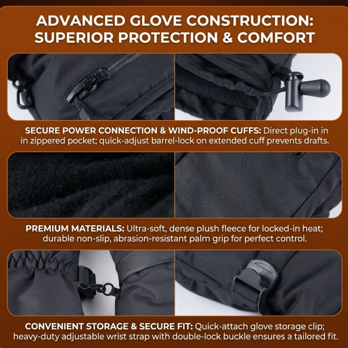 Rechargeable heated gloves: cuff cord zipper and fastening details.