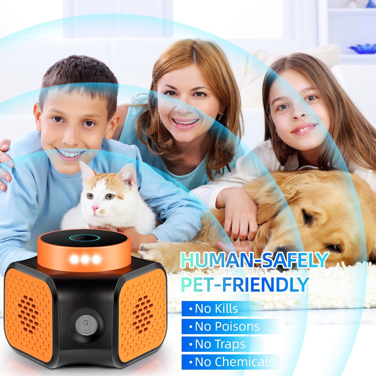 Indoor ultrasonic pest repeller: family and pets promotional artwork.